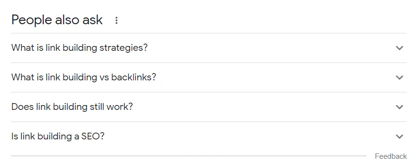 The People also ask section on Google for the keyword “link building.”