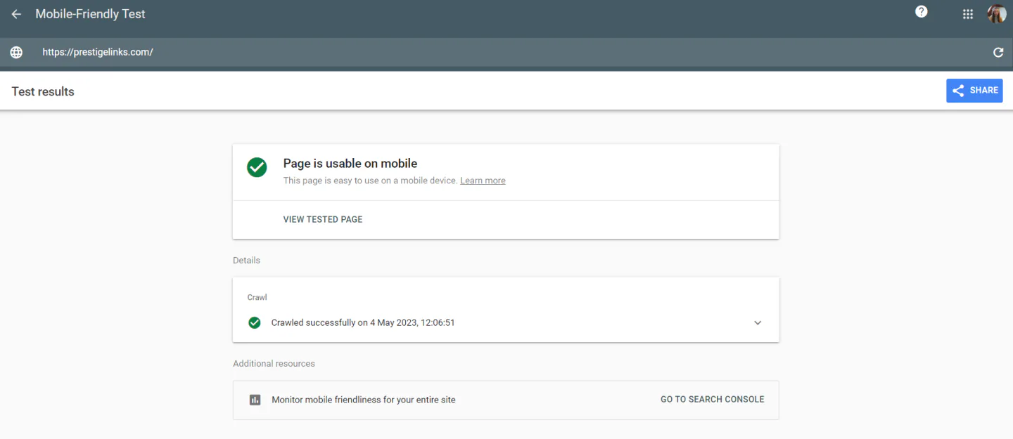 The results of a mobile-friendly test for PrestigeLinks shows that the home page is usable on mobile