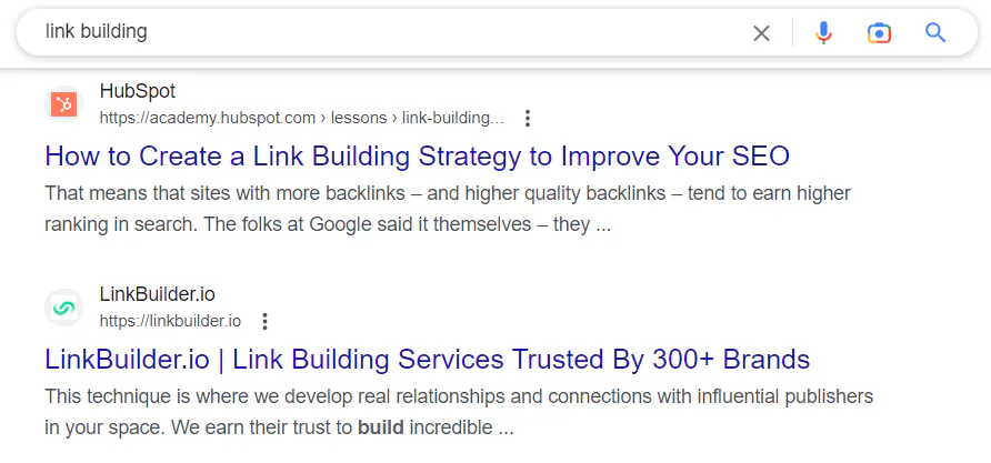 The search results for “link building” include both an informative blog post and a promotional page