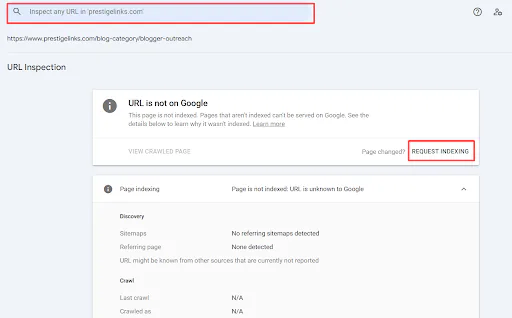 The URL Inspection Tool in Google Search Console, with the "Request Indexing" button highlighted
