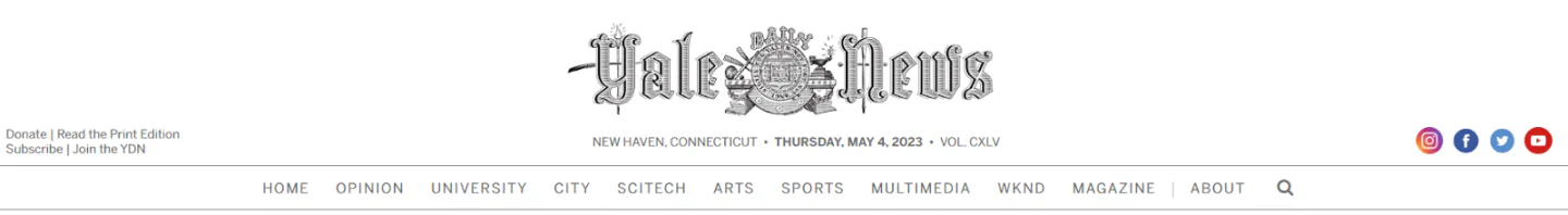 The Yale Daily News home page and main menu, showing article categories