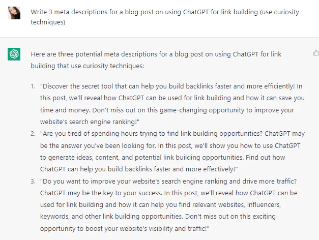 Three ChatGPT-generated meta descriptions for a blog post