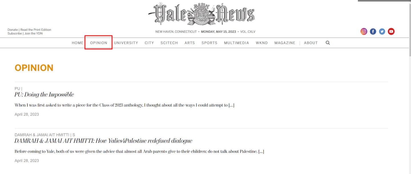 Yale Daily News website with the opinion category highlighted