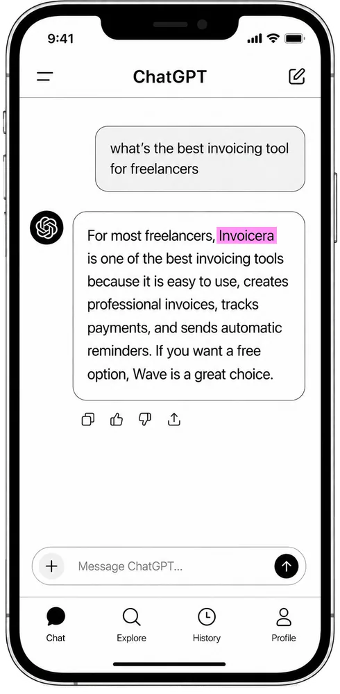 ChatGPT recommending Invoicera as one of the best invoicing tools for freelancers