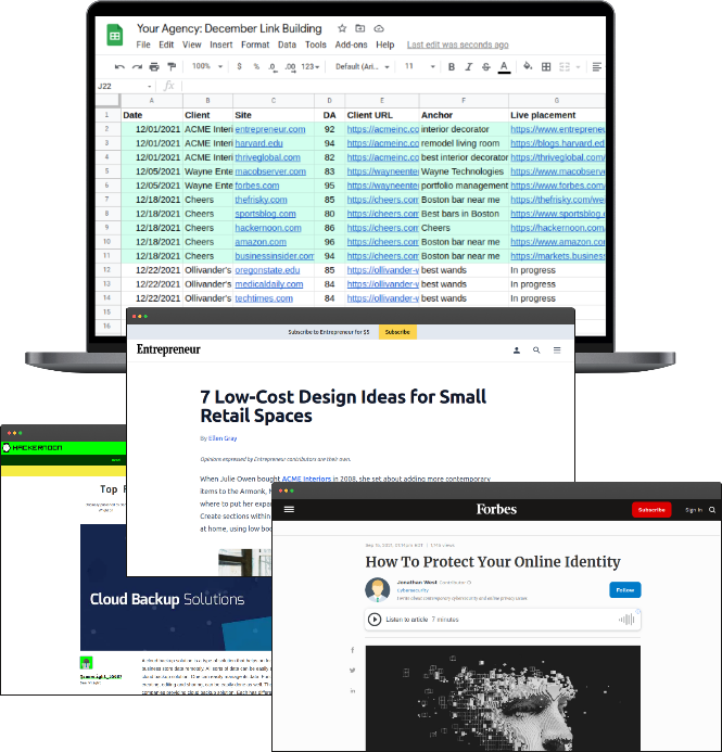 Screenshot of a spreadsheet showing a list of guest posting placements